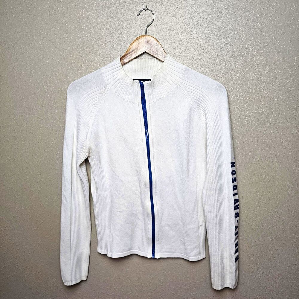 Harley Davidson Sweater Womens M White Nylon Spandex Ribbed Knit Zip Up VTG Mock